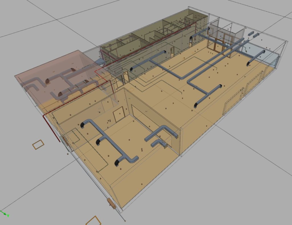 Vista 3d modelado de Instalaciones de climatización en local 